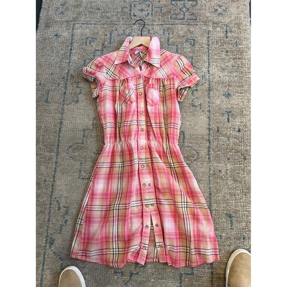 Pink Plaid Western Shirt Dress Snap Front Y2K Country Feminine Cowgirl Festival